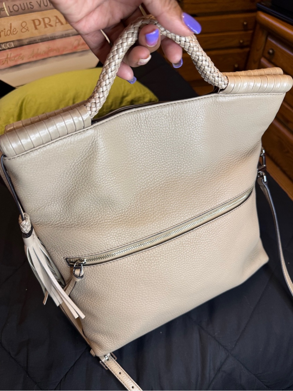 Tory Burch Marion Fold-Over Crossbody Bag | Pebbled Leather | Light Beige/Taupe - Picture 6 of 15